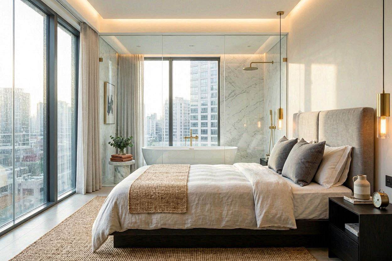 Luxury bedroom with a rockface headboard feature wall illuminated by LED strips