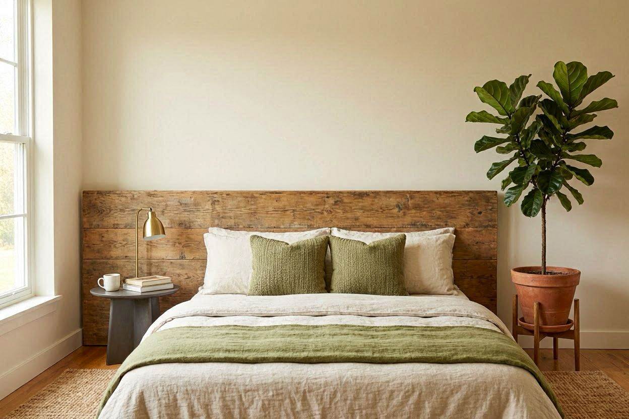 Textured luxury bedroom with wood-slatted concave headboard wall and LED perimeter lighting