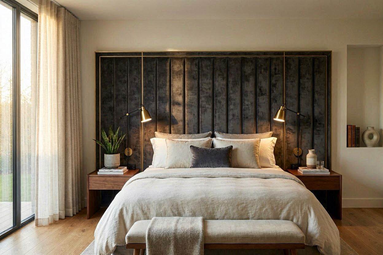 Diamond-tufted headboard wall flanked by wooden slats in a luxury bedroom