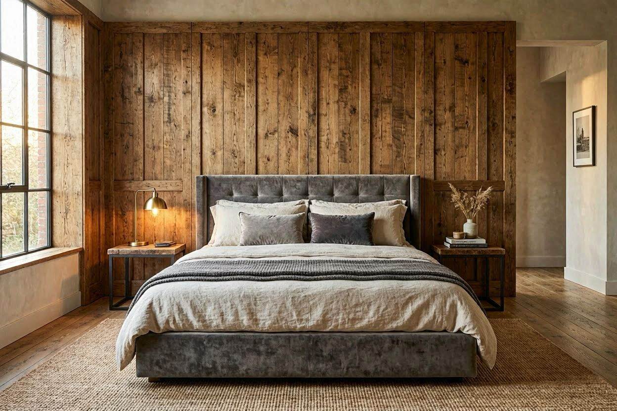 Luxury white bedroom with contoured wall panels and mood lighting