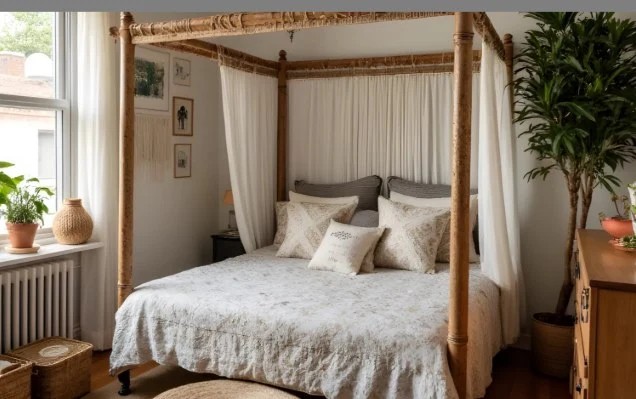 Flowing bed curtains creating a romantic atmosphere