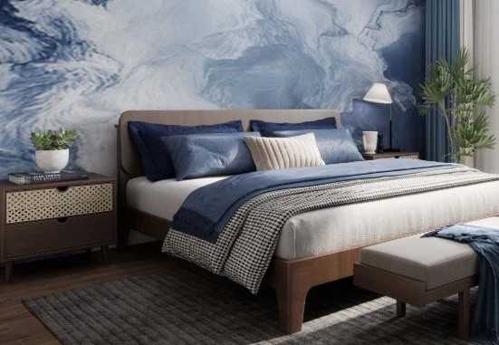 Bedroom decorated in blue tones