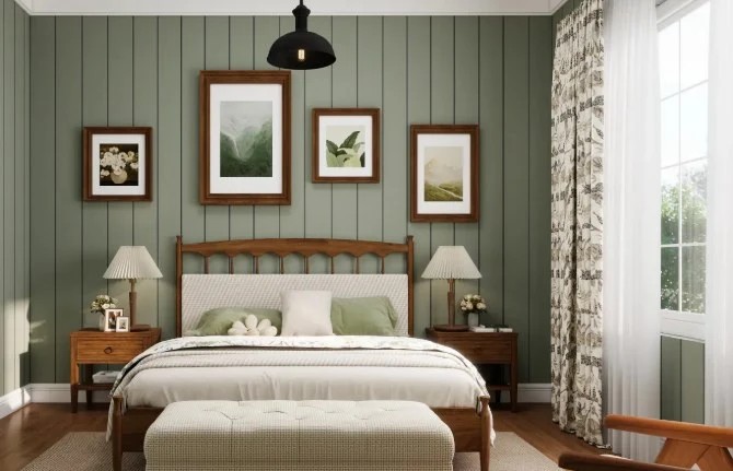 Bedroom with botanical motifs and greenery