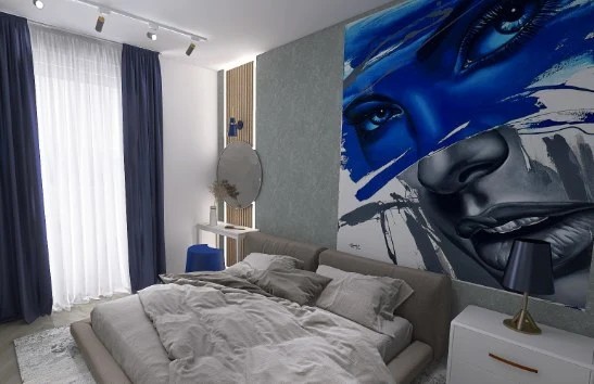 Bedroom design featuring a photo wall