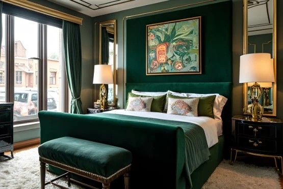 Layered soft textiles in a luxury bedroom