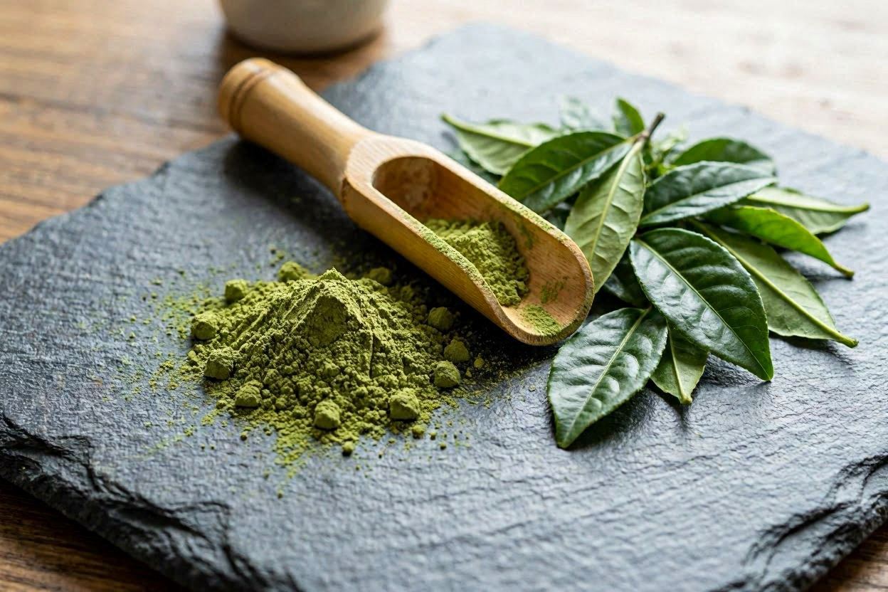 Three cups of matcha green tea on wooden counter