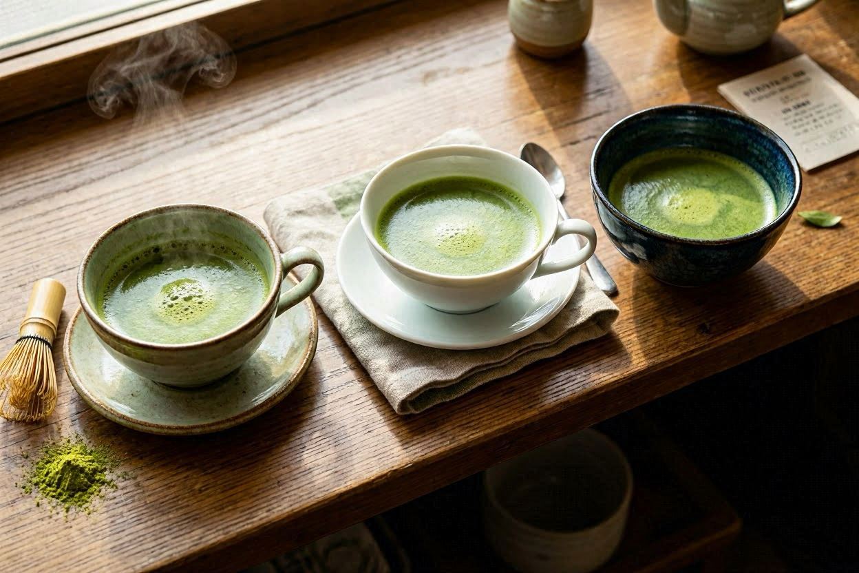 Traditional Japanese matcha preparation, bamboo whisk in ceramic bowl
