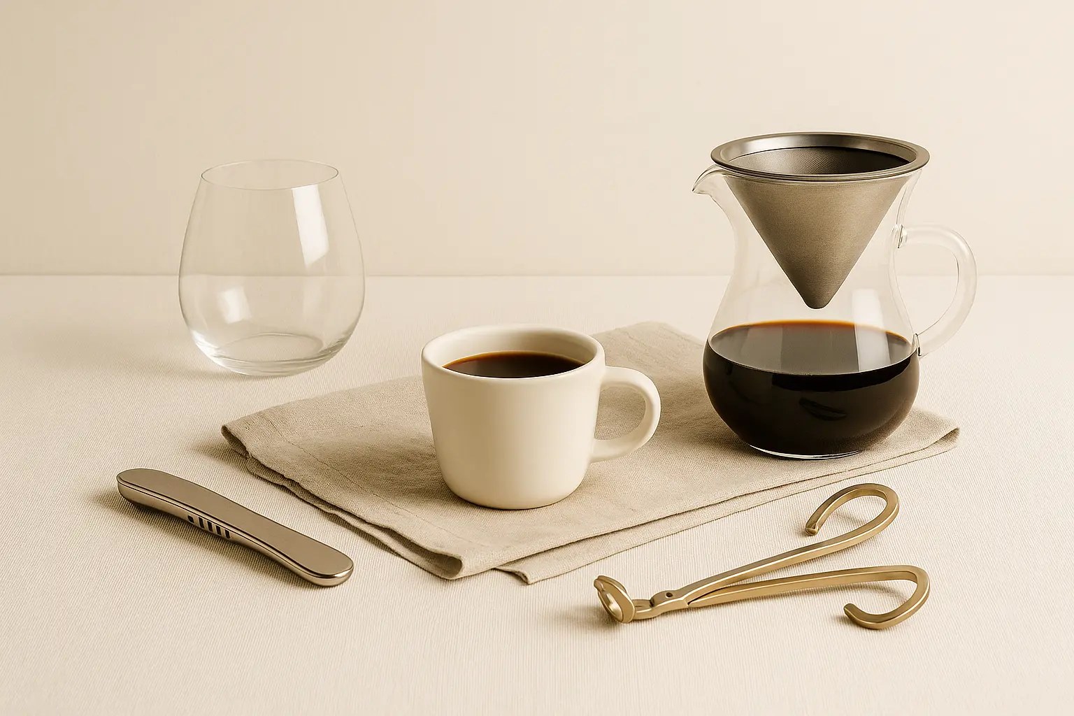Tabletop still life with curated objects and negative space
