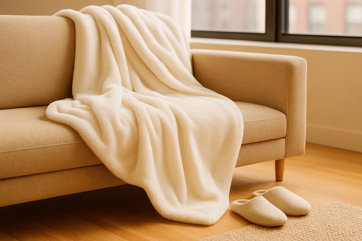 Soft textiles and warm lighting in a quiet corner