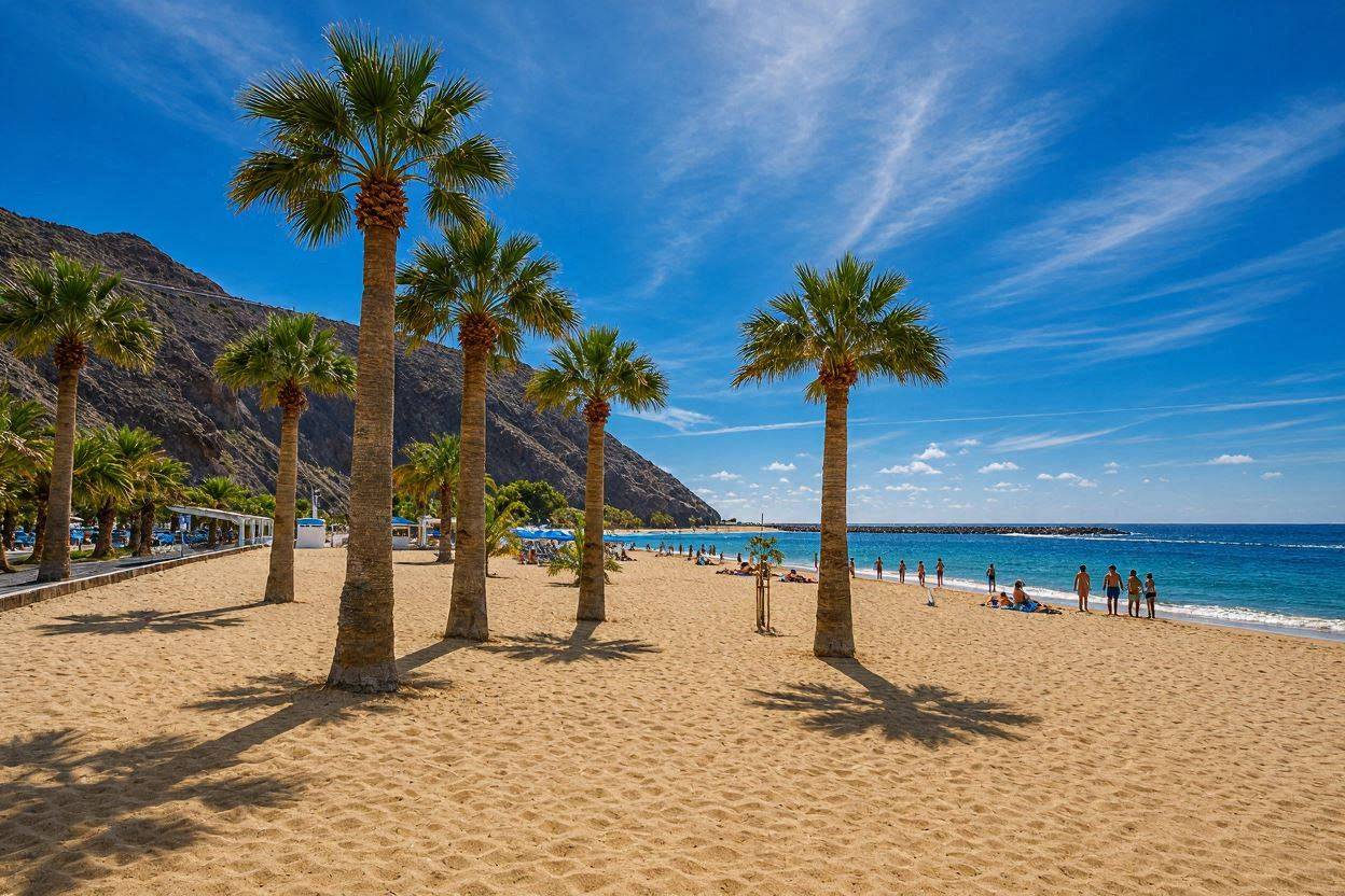 Horizontal AI-generated version of Playa Las Teresitas, Tenerife