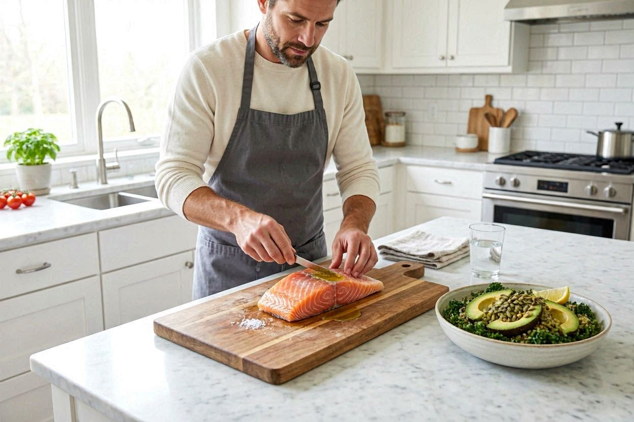 Man preparing healthy meal in modern kitchen, fresh vegetables