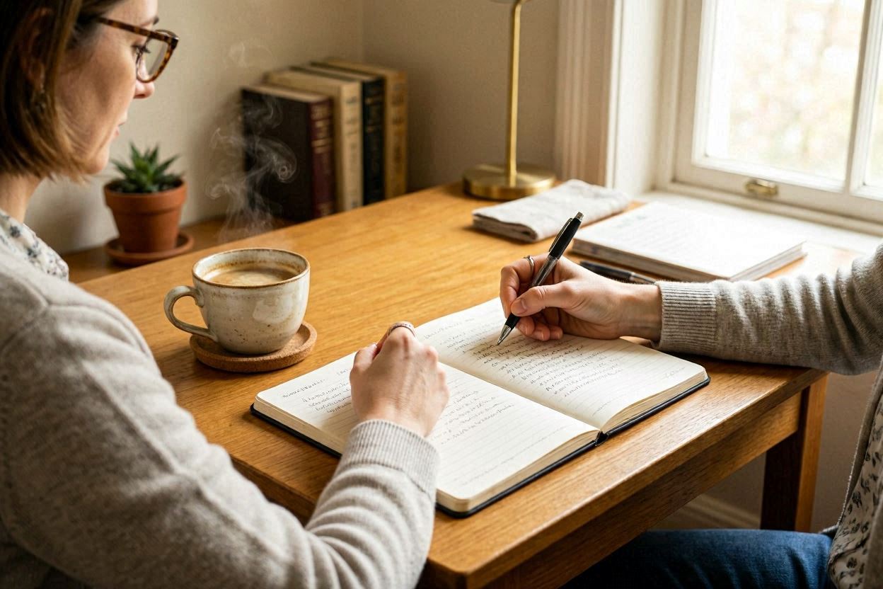 Person journaling gratitude in notebook, coffee cup, peaceful morning desk