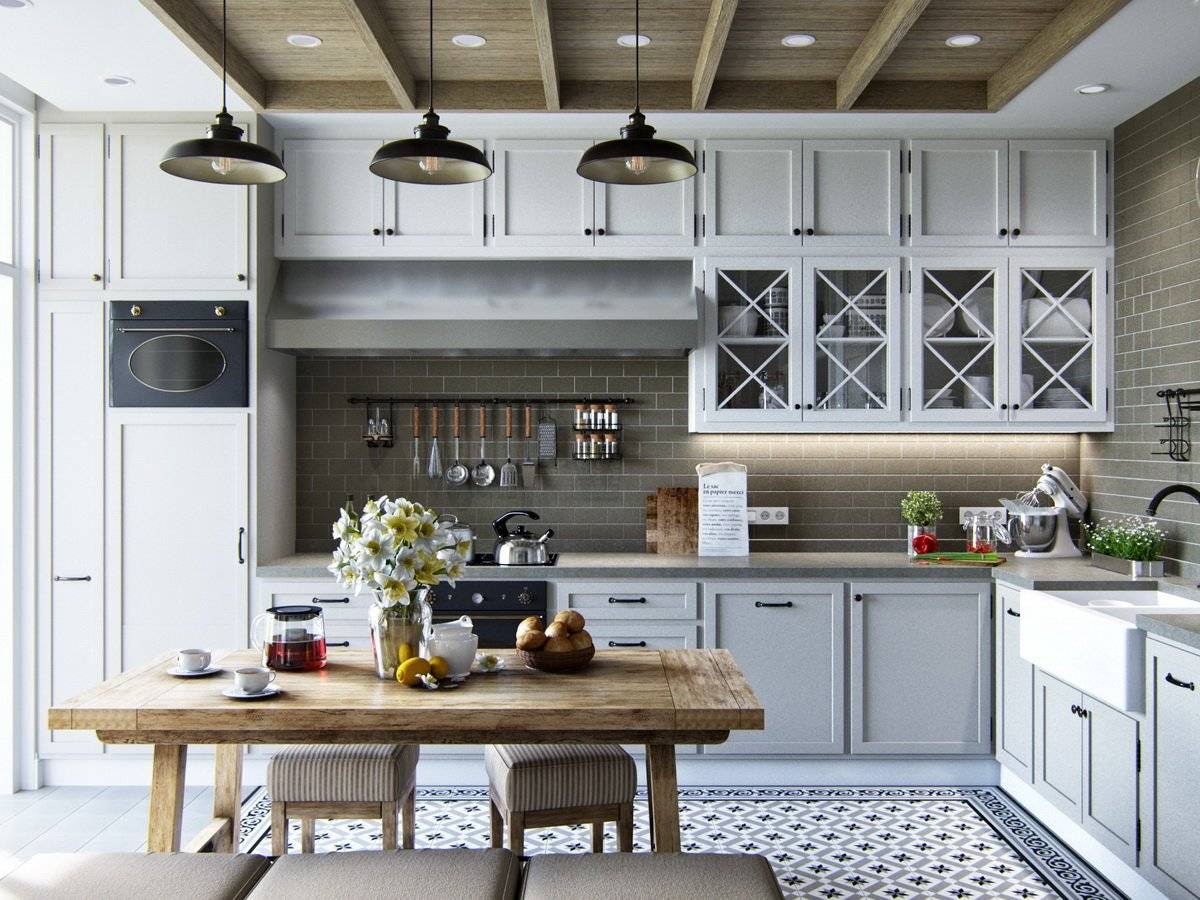 Hygge kitchen with open shelving and warm materials